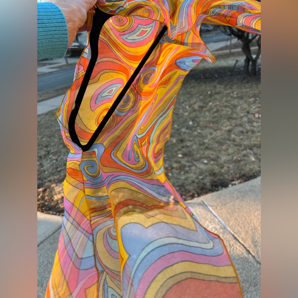 Sheer Paisley 1970s Mod Scarf /Ponytail Tie/Wrap Orange/Pink/Blue/Yellow 15βx44β - Picture 14 of 16